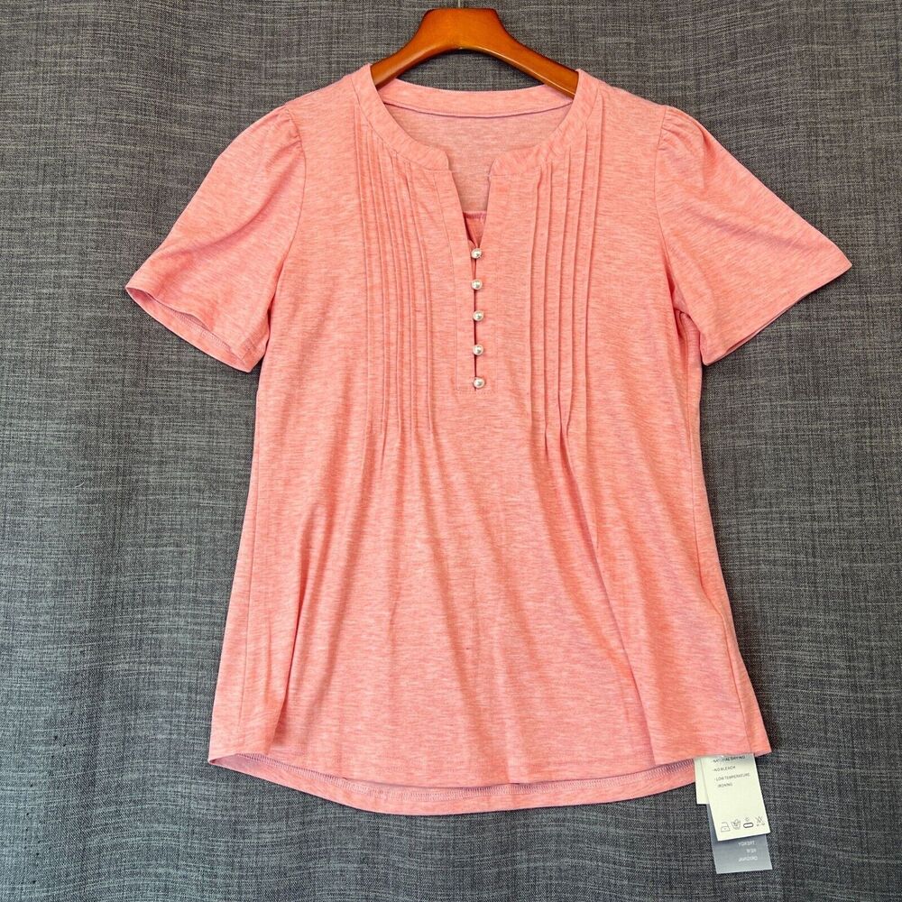 NWT LUYAA Pink Salmon Short Sleeve Blouse 5 Button Sz Small